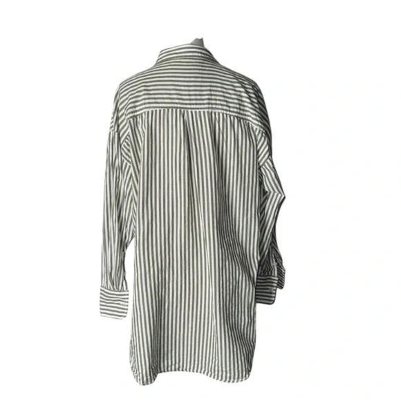 MAEVE - Oversized Classic Striped Button-Down Shirt – Olive & White - Small - Picture 5 of 9